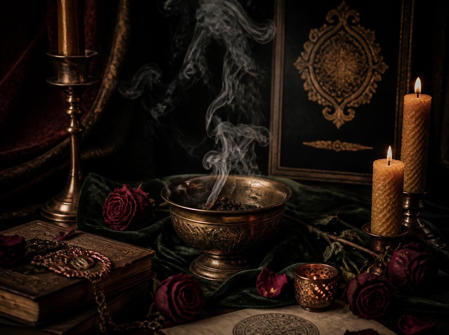 A ceremonial altar — grimoire, smoking bowl, dried roses, candlelight
