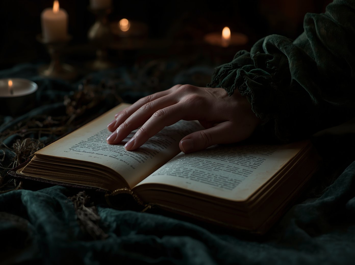 A hand resting on an open book by candlelight