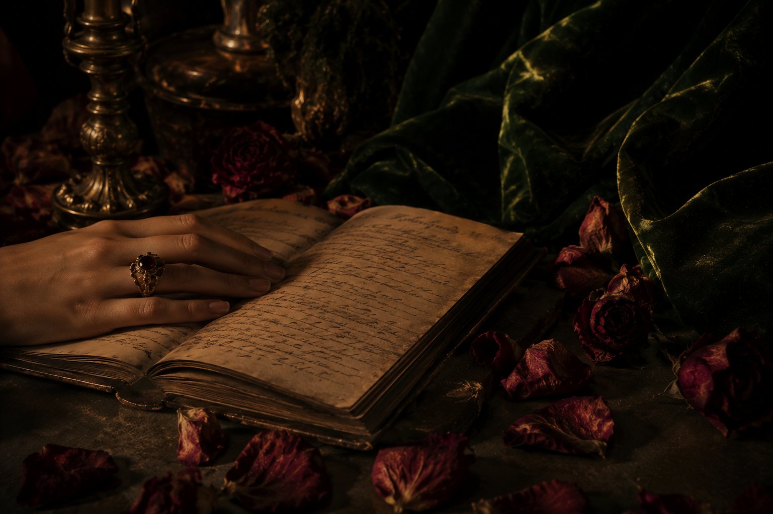 A hand with a garnet ring resting on an antique journal
