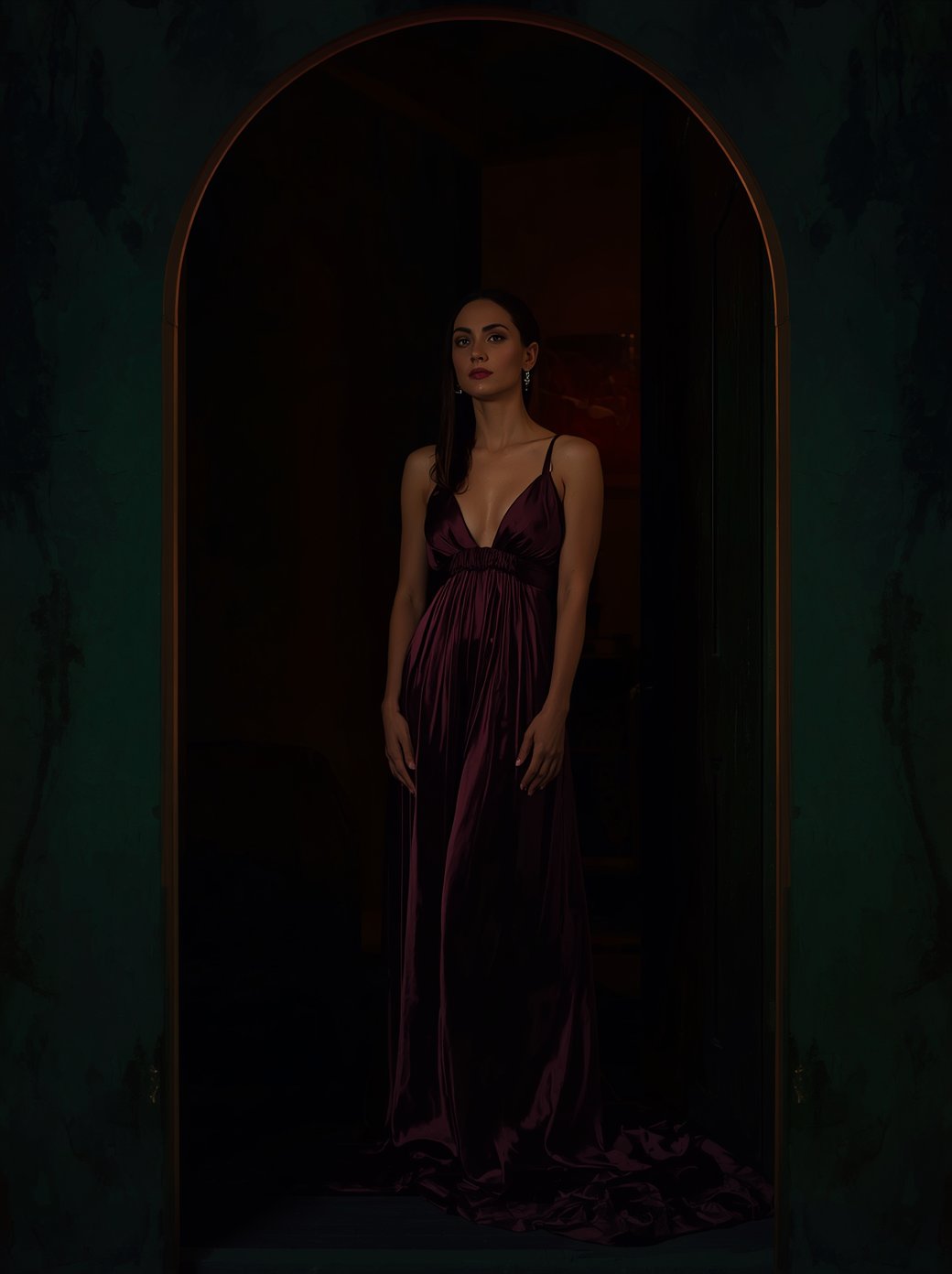 A woman in plum silk in an arched doorway