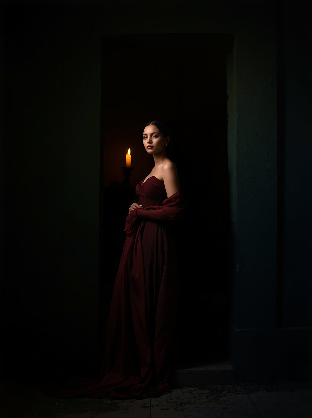 A woman in a garnet gown by candlelight