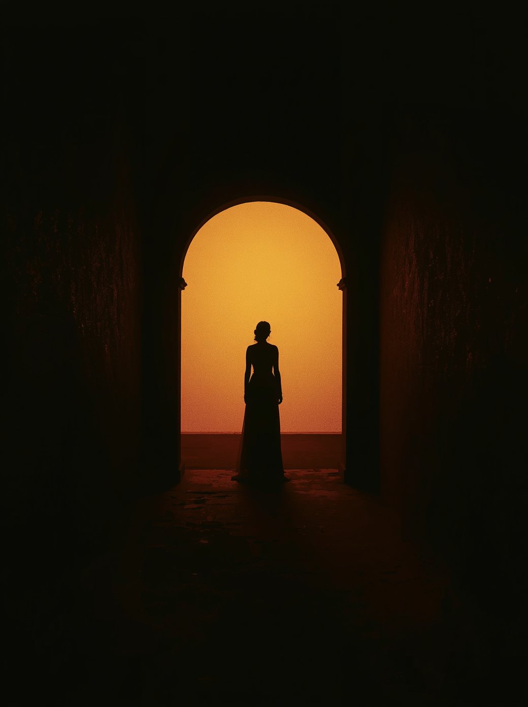 A figure silhouetted in a glowing archway
