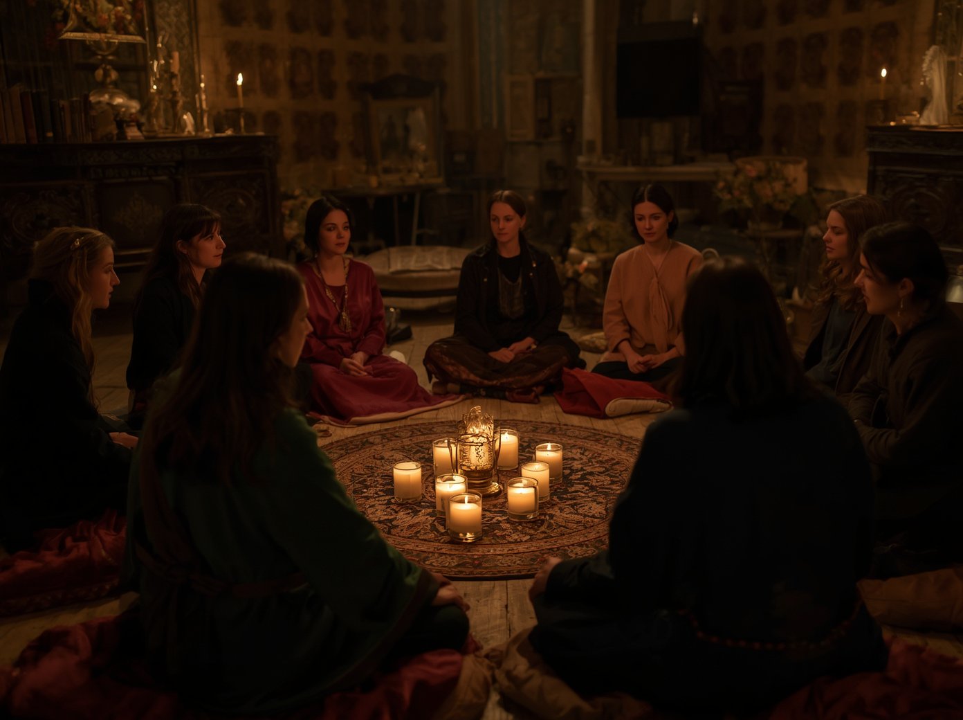A candlelit circle of women in a workshop gathering
